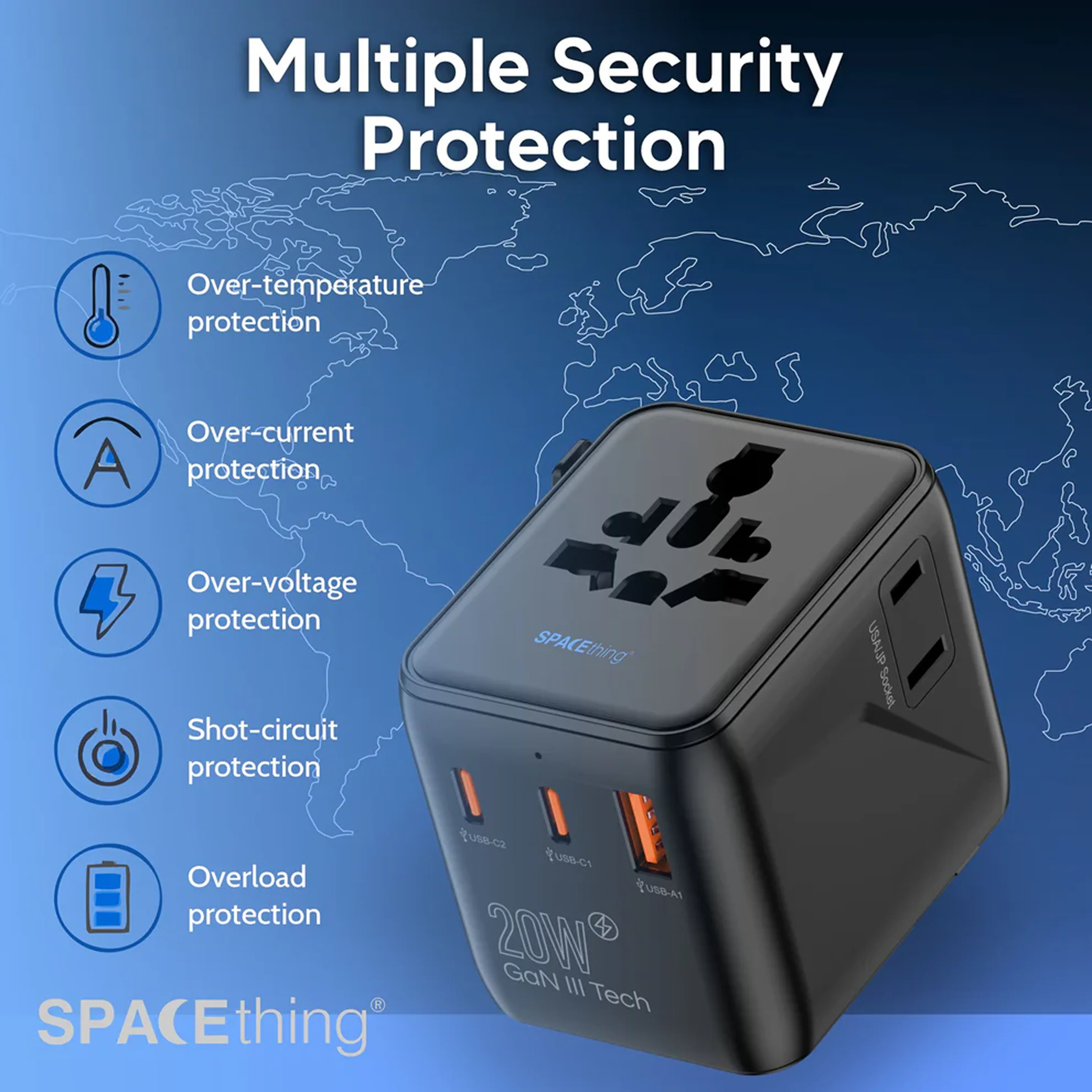 SPACEthing 20W GaN World Travel Charger with Universal Adapter – Black - Image 6